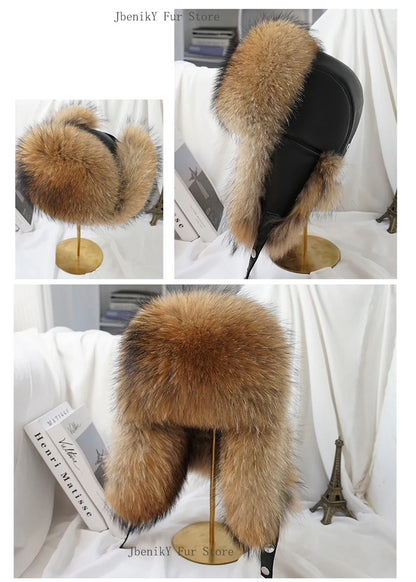 2026 Cap 100% Raccoon Dog Full Fur Fox Fur Hat Men's Fur Ear Protection Winter Thickened and Warm Russian Hat Men's Trend