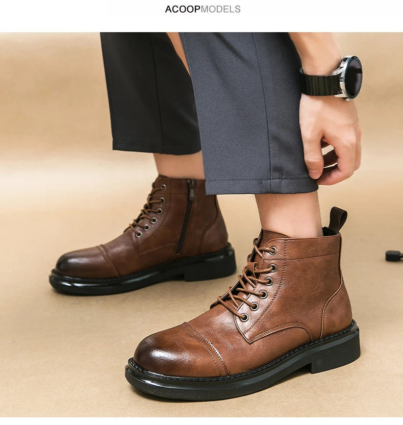 Men Black Leather Boots Casual Lace Up Leather Shoes Size 39-46