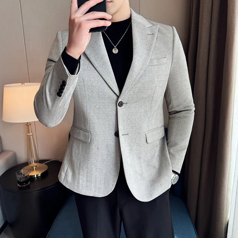 Men's Herringbone Stripe Suit Blazer Classic Lapel Dress Jacket Elegant Slim Fit Fashion Simple Casual Business Prom Suit Jacket