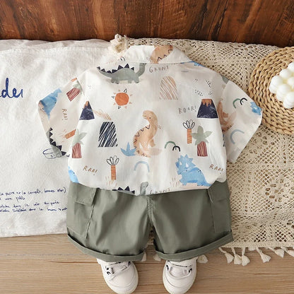 0-5 Years Old Baby Boys Summer Dinosaur Outfit, Short Sleeve Printed Shirt & Solid Cargo Shorts, 2Pcs Clothes Set