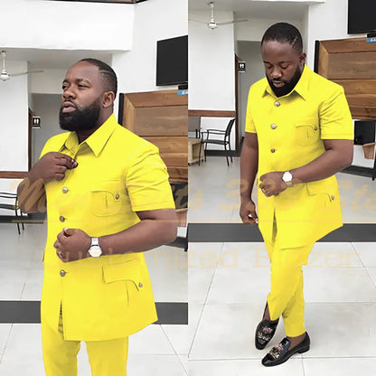 Summer Men's Suits Solid Color Short Sleeve Single Breasted Stand Lapel Casual Outfits 2 Piece Jacket Pants Set Slim Fit Terno