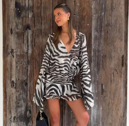 Women's Zebra Print Long Sleeve Mini Dress  Zebra Print Long Sleeve Mini Dress Party Club Zebra Print Ruffle Dress Summer 2026