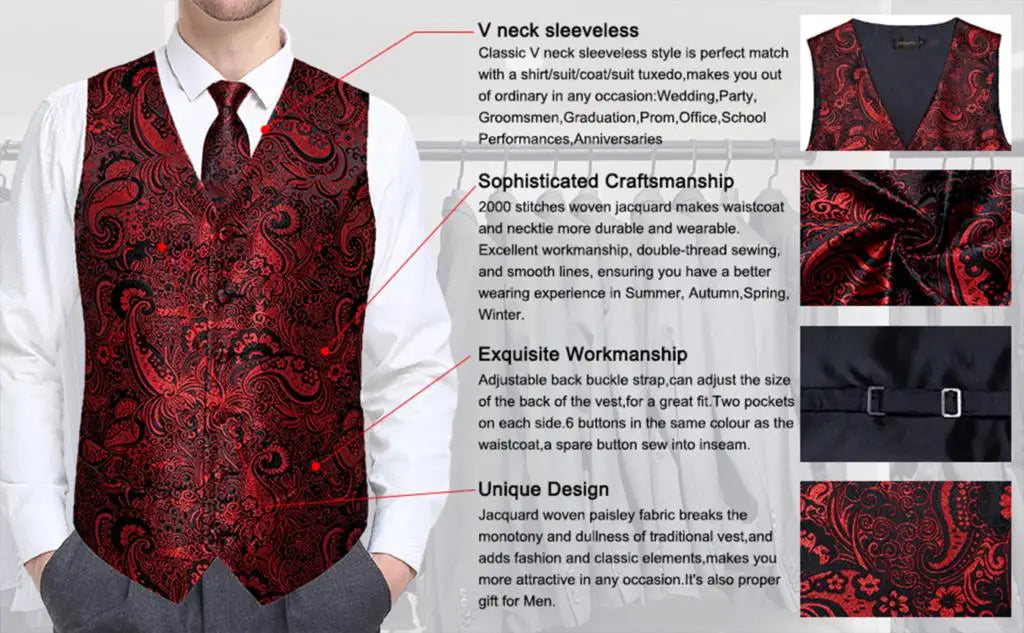 Luxury Mens Waistcoat Tie Set White Black Gray Silver Brown Sleeveless Jacket Suit Vest Necktie Hanky Cufflinks Gift