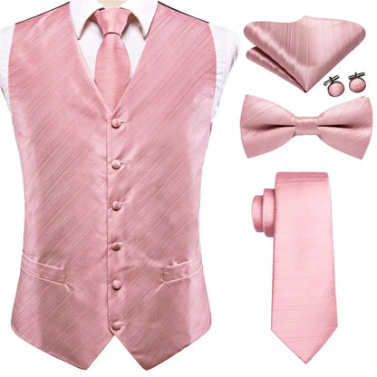 Luxury Silk Mens Vests Rose Gold Pink Striped Waistcoat Necktie Bowtie Hanky Cufflinks Set Waist Jacket For Men Wedding
