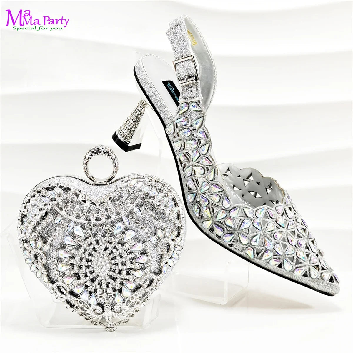 Silver Color Spring INS Hot Sale Italian Women Mature Style Shoes Matching Bag Set Pointed Toe with Small Bag for Party