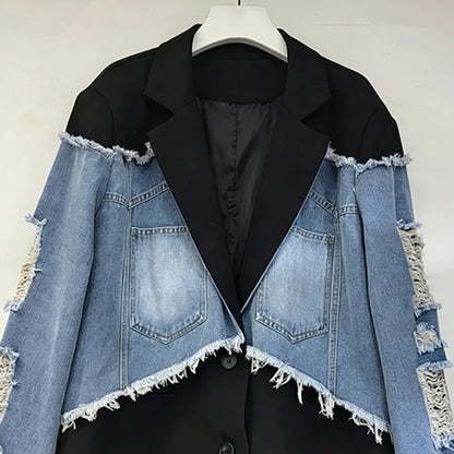 2026 Autumn Elegant Style Faux Two-piece Suit Jacket For Women Raw Edges Ripped Denim Patchwork Loose-fit Blazer 29A9124