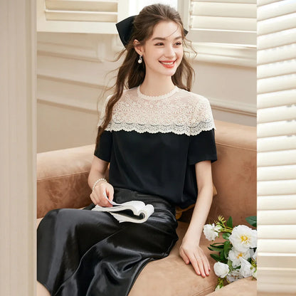Women's Shirt 2025 Summer Shoulder Hollow Lace Design T-shirt Elegant Temperament Round Neck Short Sleeve Thin Shirt