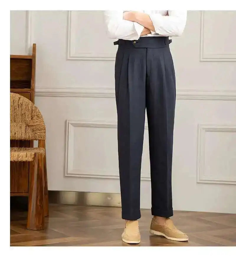 Linen Cotton High Waist Straight Casual Pants Men Versatile Naples Gentleman Pleated Pants High Quality Italian Dress Trousers