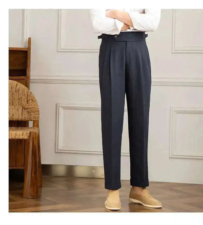 Linen Cotton High Waist Straight Casual Pants Men Versatile Naples Gentleman Pleated Pants High Quality Italian Dress Trousers