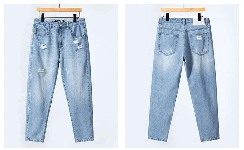 Summer Thin Ripped Jeans Mens Straight Breathable Washed Denim Trousers Casual Streetwear Harlen Ankle Length Pants Light Blue