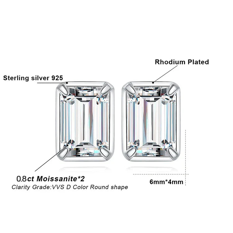 Moissanite D Color 1.6ct/pair Emerald Cut 925 Sterling Silver Stud Earrings for Woman Yellow Rose Gold Plated