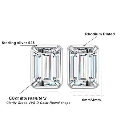 Moissanite D Color 1.6ct/pair Emerald Cut 925 Sterling Silver Stud Earrings for Woman Yellow Rose Gold Plated