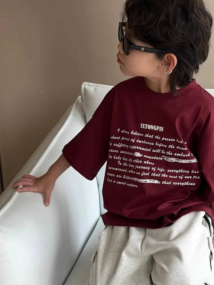 Boys' Korean Style 100% Cotton Short Sleeve T-Shirt Summer New Letter Print Casual Streetwear Cool