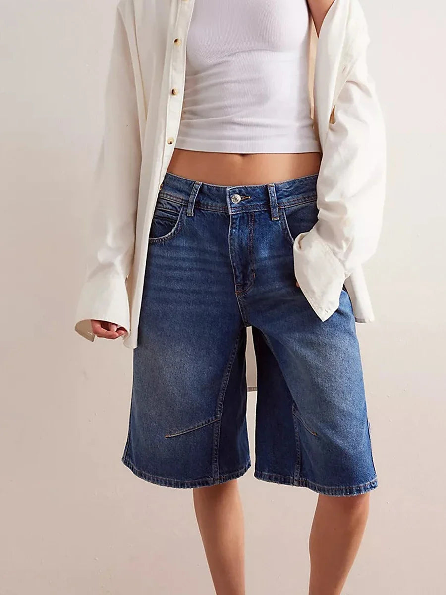New Womens Knee Length Denim Shorts Solid Color Low Waist Wide Leg Jean Shorts For Summer Club Street Style S-2XL