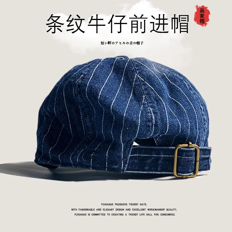 Japanese Retro Washed Striped Denim Forward Hat Men's and Women's Spring and Autumn British Outdoor Sunshade Newsboy Caps Gorras