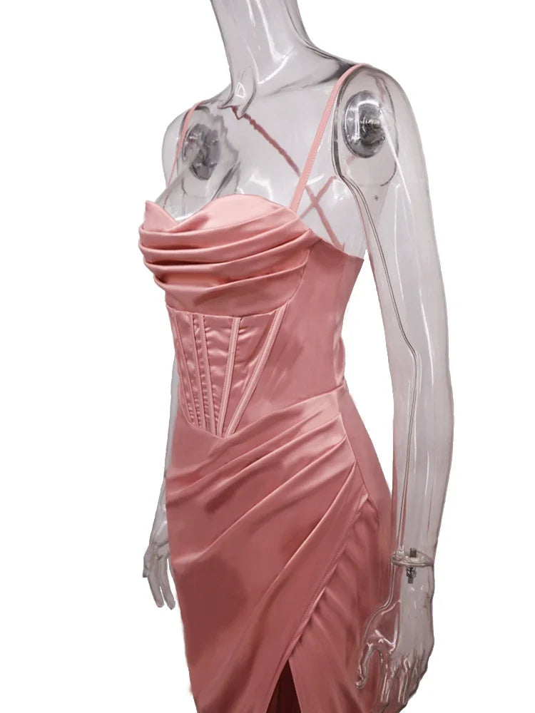 New Summer Prom Dress Women'S Sling Sleeveless Solid Color Dress One Word Neck Slim Fit Open Back Slit Red Sexy Dress