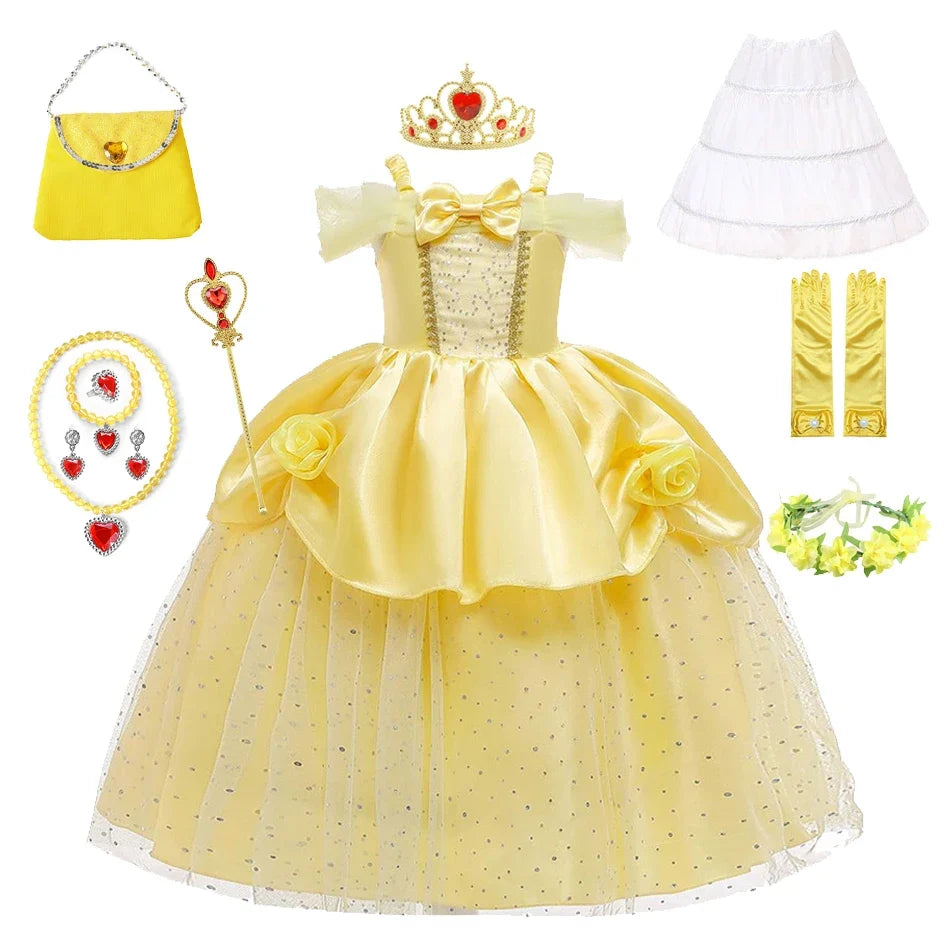 Girls Belle Cosplay Costumes Girls Dresses for Beauty Kids Party Clothing Magic Stick Crown Children Yellow Dress and The Beast