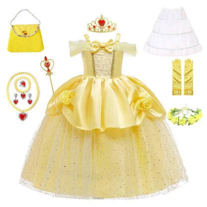 Girls Belle Cosplay Costumes Girls Dresses for Beauty Kids Party Clothing Magic Stick Crown Children Yellow Dress and The Beast