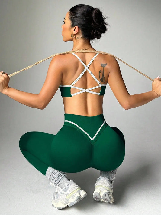 Sexy Backless Sports Bra with Lifted Butt and Color Block Design - Women's Yoga Pants Set for Outdoor Activities