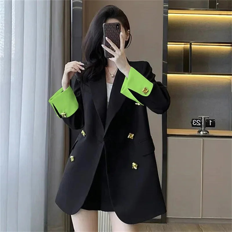 Black Casual Commuter Loose Fit Premium Suit Jacket Spring Autumn New Style Korean Version Fashionable Polyester Fiber Full Slee
