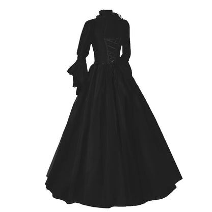 Medieval Victorian Court Lace Patchwork Gothic Dress Halloween Witch Cosplay Party Costume Square Neck Flare Sleeve Maxi Dress