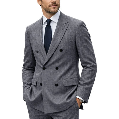 Men's Linen Suit Set  Double Breasted Slim Fit Peak Lapel Formal Blazer Pants Breathable Business Wedding Groom Tuxedo