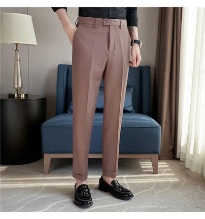 2024 New Men's Slim Fit Tapered Dress Pants Apricot Pearlescent Texture Business Casual Suit Trousers Spring Clothes