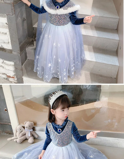 Girls' Spring 2026 New Velvet Elsa Frozen Princess Dress Kids Blue Cape 2 Piece Set Warm Dresses For Girl Party 3-9 Years Old ﻿