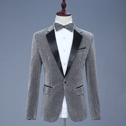 New Men Luxury Shiny Jacket Men's Nightclub Prom Suit Costume 2 Peice Set Lapel Blazer with Bow Tie Groomsmen Singer Clothes