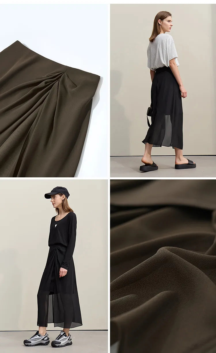 Women's Skirt 2026 Summer Elegant Chiffon Midi Skirt Pleated Side Slit Office Casual Versatile Women's Clothing 12612002