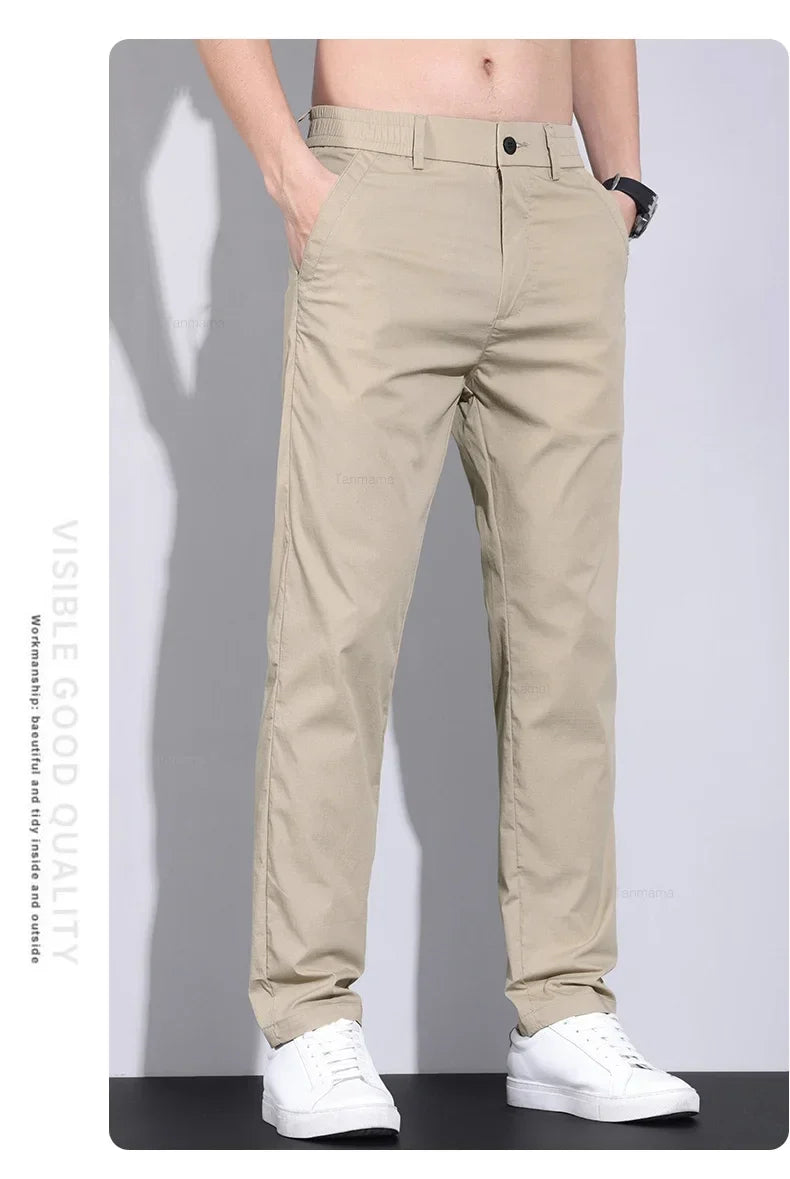 Ultra-thin Elastic Men's Casual Pants 2024 Summer Ice Silk Cotton Fashion Slim Straight Business Trousers Black Gray Khaki
