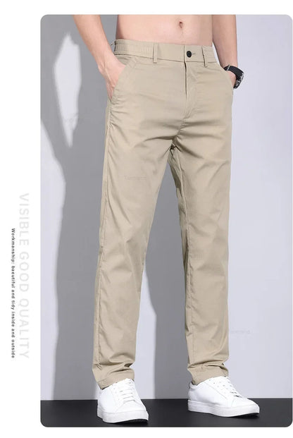 Ultra-thin Elastic Men's Casual Pants 2024 Summer Ice Silk Cotton Fashion Slim Straight Business Trousers Black Gray Khaki