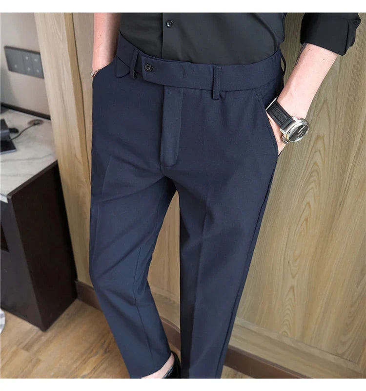 Men's High-Grade Trousers, Stretch Waist, Casual Trousers Slim Fit Navy Blue, Business All-Match，Male Pants