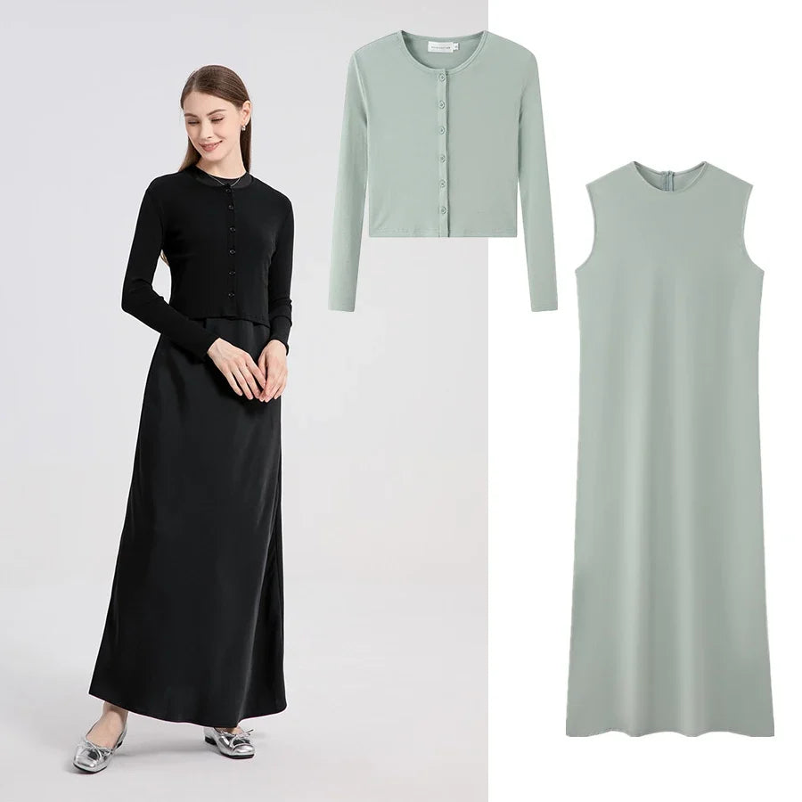 2024 woman clothing high Stretch ribbing closed-fit wrap tops + Matte Satin dress Maxi matching sets (ship out in 1 day)
