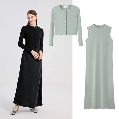 2024 woman clothing high Stretch ribbing closed-fit wrap tops + Matte Satin dress Maxi matching sets (ship out in 1 day)