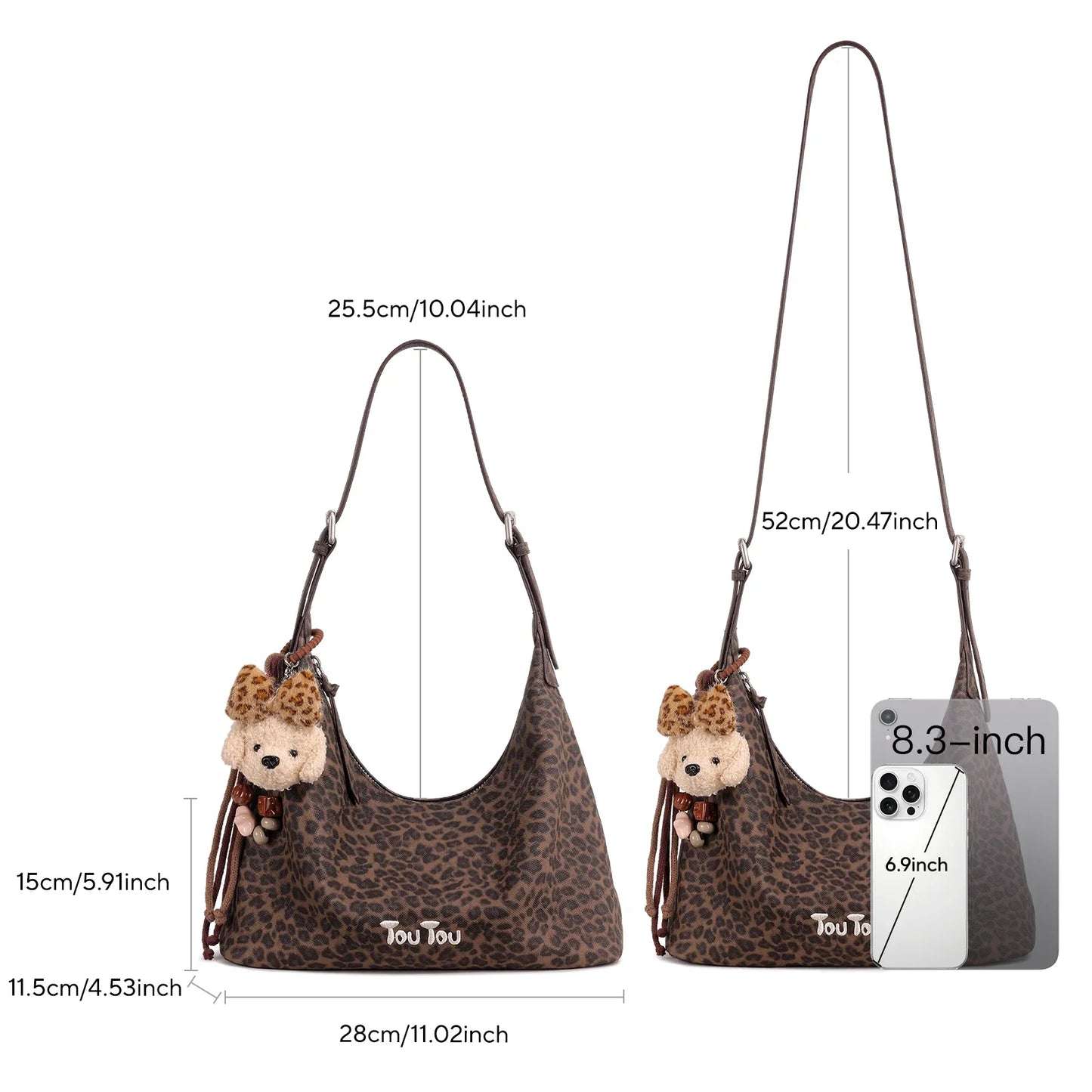 y2k leopard Print Shoulder Bag, Cute Puppy Pendant, Large Capacity Hobo Bag for Women's Casual Commute 3-Way Carry