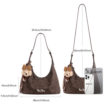 y2k leopard Print Shoulder Bag, Cute Puppy Pendant, Large Capacity Hobo Bag for Women's Casual Commute 3-Way Carry