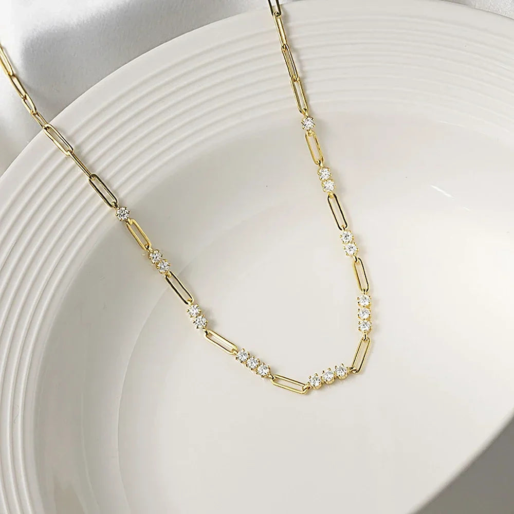 S925 Sterling Silver Paperclip Necklace with 3mm Round Moissanite Diamond Layering Link Chain Necklace for Women Fine Jewelry