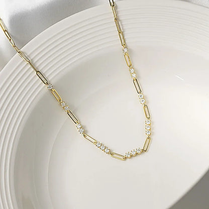 S925 Sterling Silver Paperclip Necklace with 3mm Round Moissanite Diamond Layering Link Chain Necklace for Women Fine Jewelry