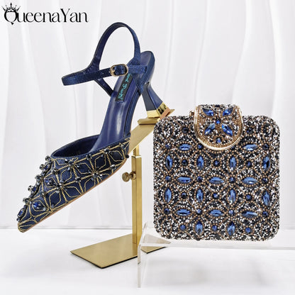 Elegant Full High Quality Diamond Design Olive Color Italian Women's Shoe and Handbag Set for Weddings and Special Occasions