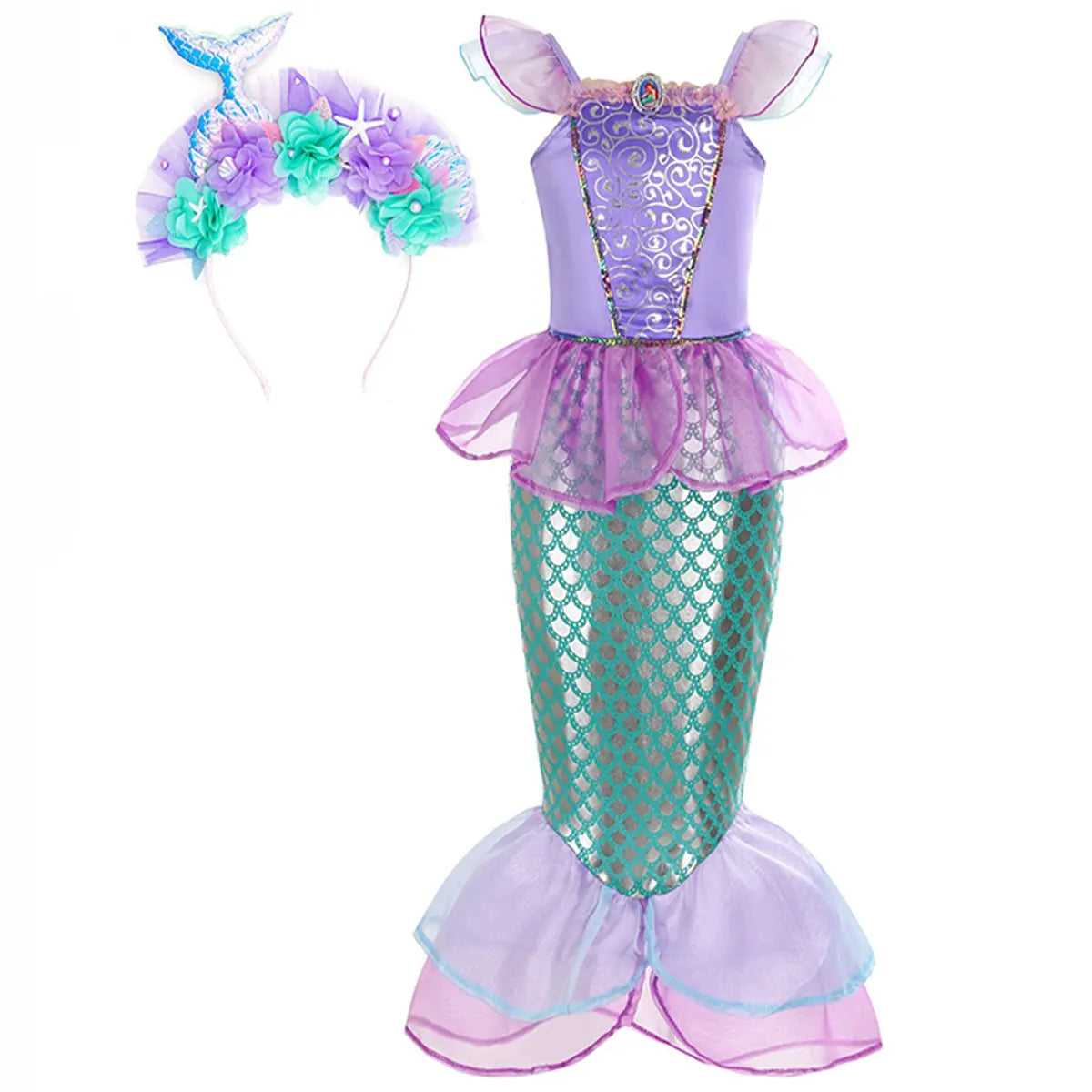 Halloween Little Mermaid Ariel Princess Costume Summer Purple Dress Girls Cosplay Mermaid Carnival Birthday Party Swimsuit Set