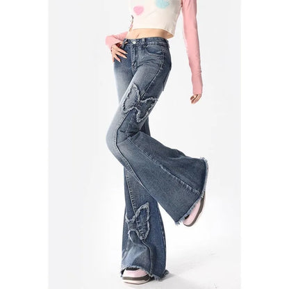 Summer New Vintage  Splicing Micro Flared Denim Jeans Women plus Size High Waist Loose Slimming Frayed Pants