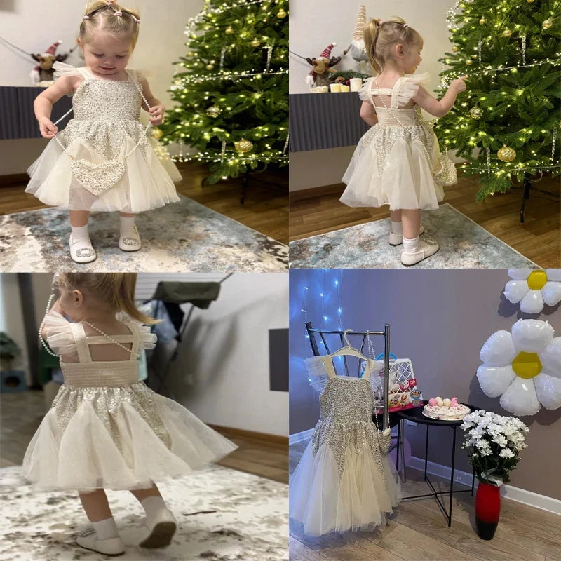 Kids Girl Clothes Sequined Flying Sleeves New Summer Party Dresses For Girls Elegant Mesh Vest Skirt Princess Dress Evening Prom