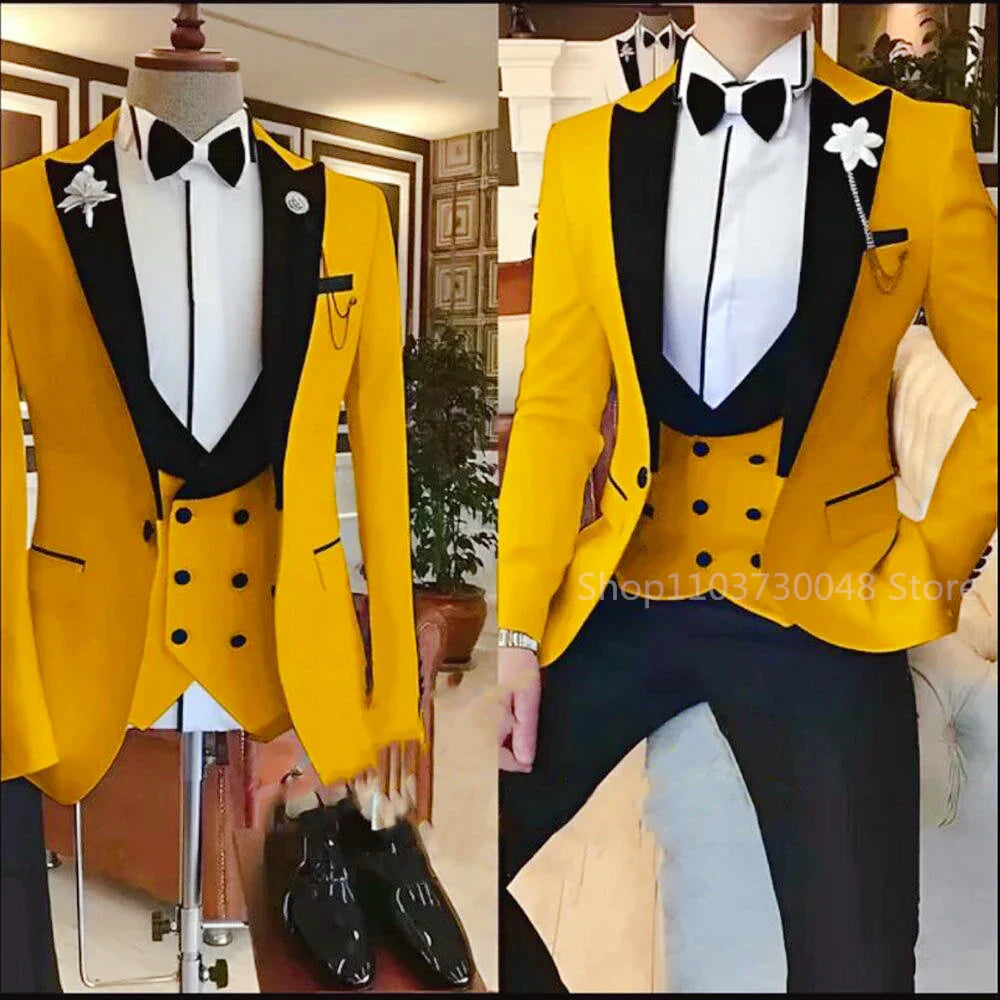 Solid Men's 3 Pieces Suit One Button Peak Lapel Jacket Vest Trousers Dinner Wedding Groom Tuxedos Slim Fit Formal Business Suits