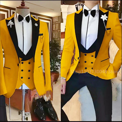 Solid Men's 3 Pieces Suit One Button Peak Lapel Jacket Vest Trousers Dinner Wedding Groom Tuxedos Slim Fit Formal Business Suits