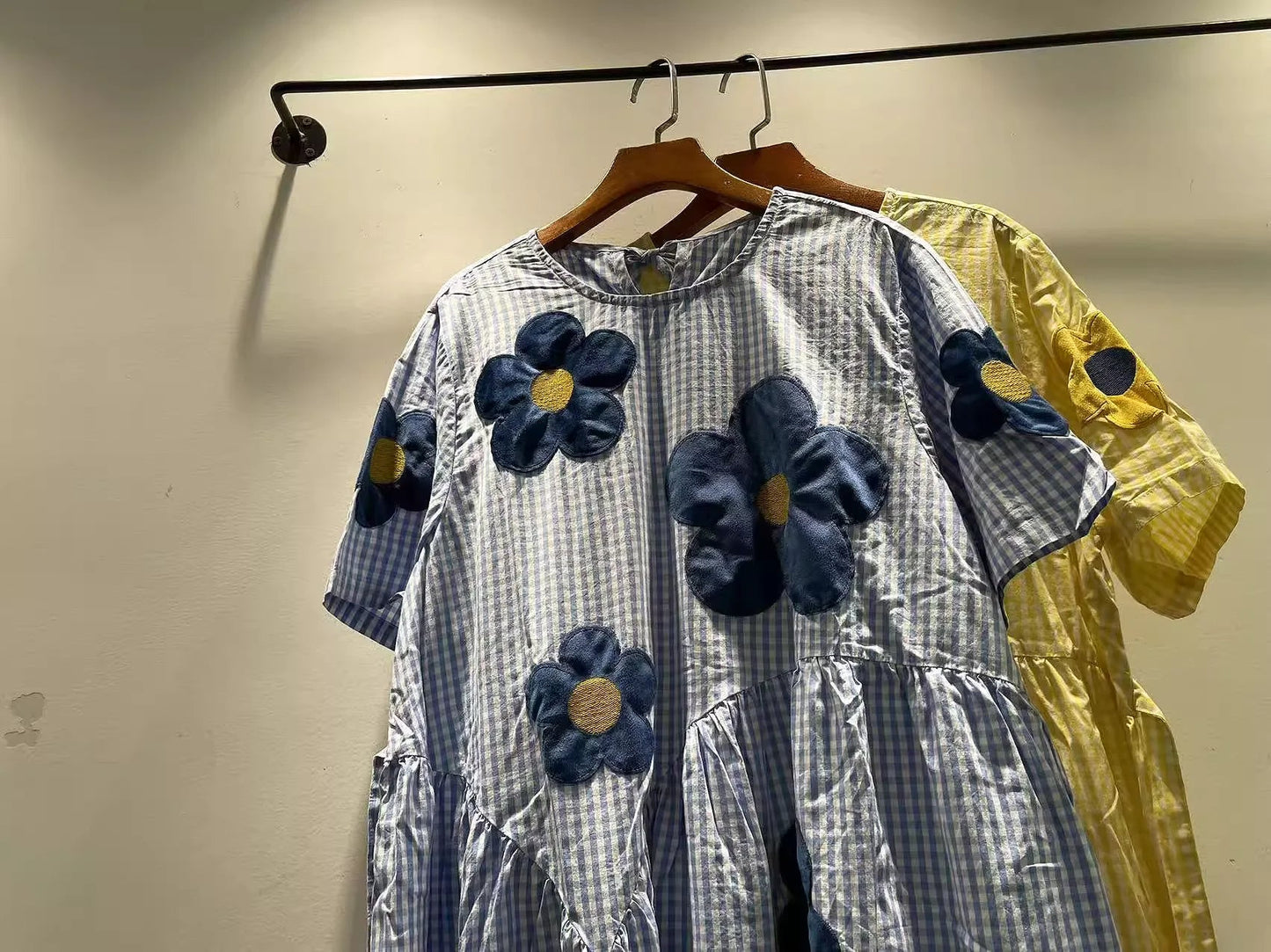 2026 Mori girl sweet blue yellow striped floral embroider patchwork dress for women summer Japan style 100% cotton long dress
