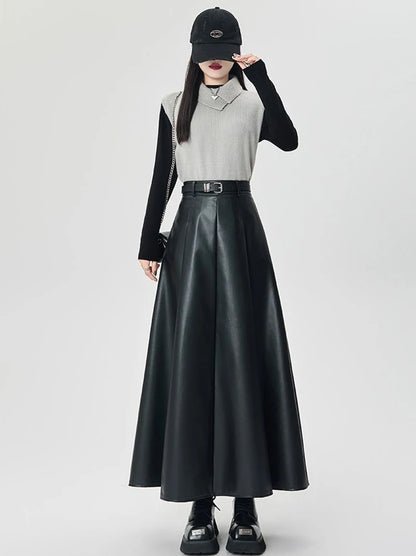 Vintage PU leather women midi skirts Y2K Autumn high waist Streetwear with belt pleated Skirt female elegant Solid A line skirts