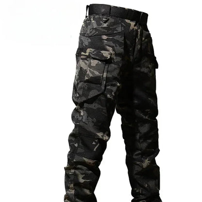 Autumn Tactical Sets Men Outdoor Breathable Short Sleeve Tshirt+Waterproof Straight Pant 2 Pcs Suits Camo Multi-pocket Cargo Set