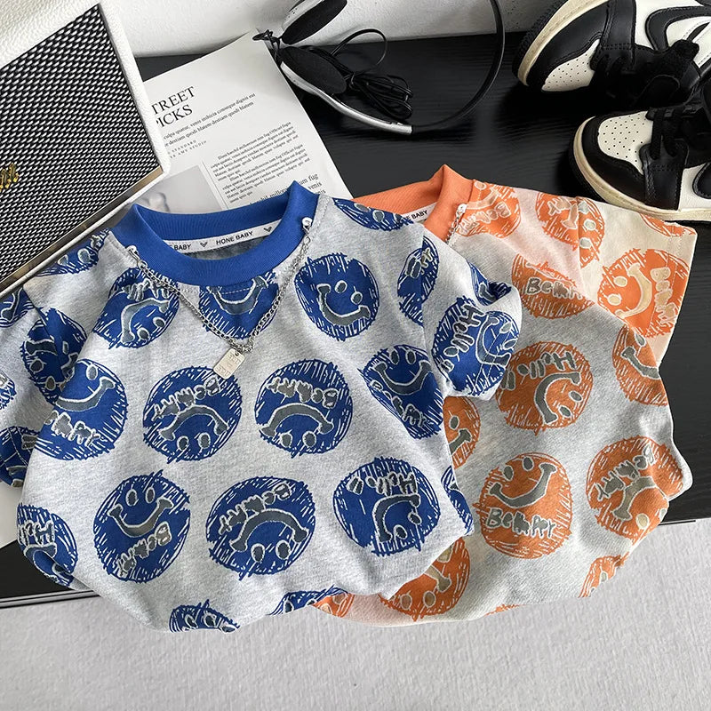 New Toddler Summer Baby Boys Clothes Children Circular Smiley Face T-Shirt +Denim Shorts 2Pcs/Set Infant Kids Fashion Tracksuits