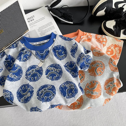 New Toddler Summer Baby Boys Clothes Children Circular Smiley Face T-Shirt +Denim Shorts 2Pcs/Set Infant Kids Fashion Tracksuits